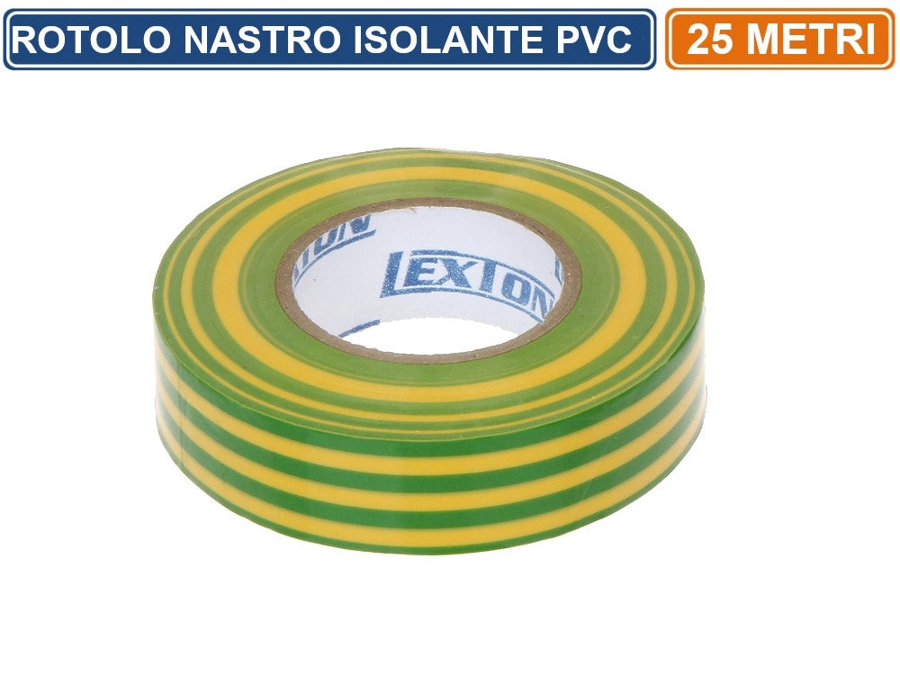 CONFEZIONE 5 PEZZI NASTRO ISOLANTE IN PVC VERDE/GIALLO 25 METRI SPESSORE 0.13MM