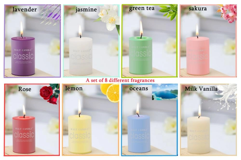 Set di 8 candele a colonna, dimensioni 5x5 cm, profumate, antigocciolamento, colorate