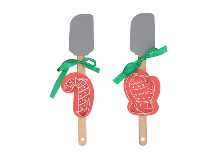 Set 2 Spatole Natalizie H&H in Silicone e Legno con Stampi in Acciaio Inox, Bastoncino di Zucchero e Guanto Natalizio, Utensili da Cucina