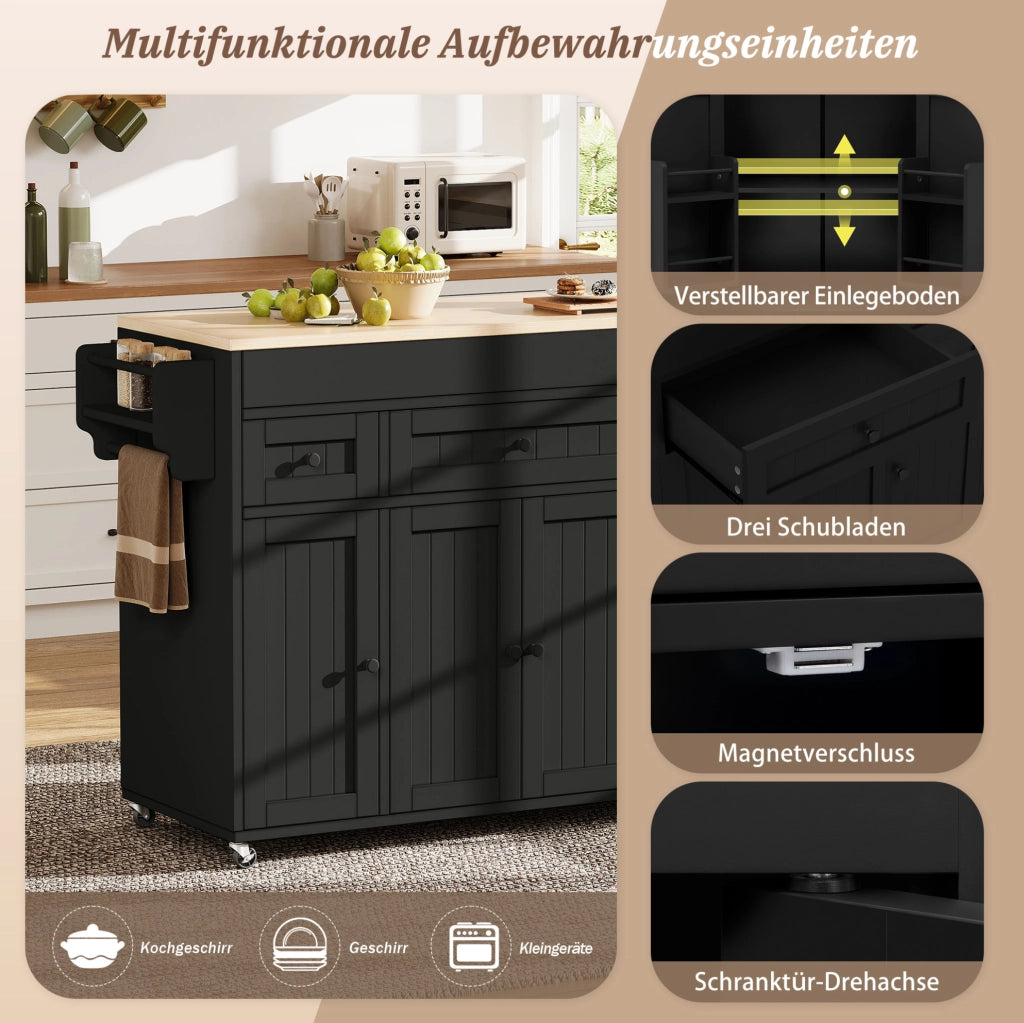 Isola da cucina mobile allungabile con 3 cassetti, nero e naturale