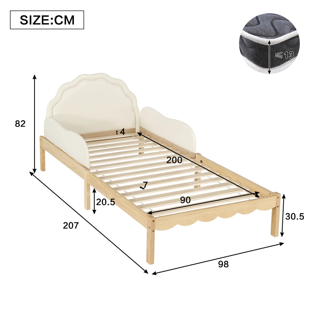 Letto singolo per bambini 90x200 cm con sponde e testiera in PU; beige
