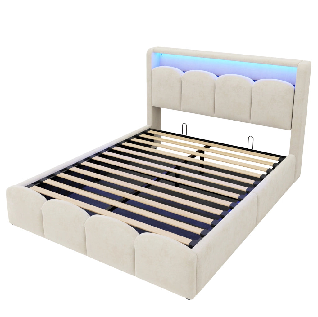 Letto imbottito 140 x 200 cm beige/grigio con contenitore, LED e USB