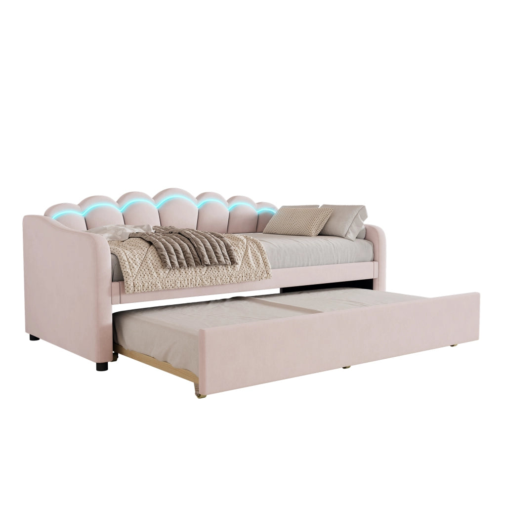 Divano letto singolo 90x200 cm con letto estraibile; struttura in MDF; velluto rosa e LED con telecomando