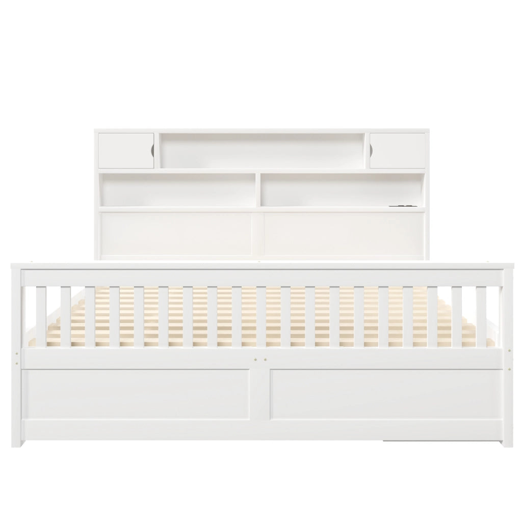 Letto 180 × 200 cm con testiera libreria LED e 4 cassetti; MDF e compensato; bianco