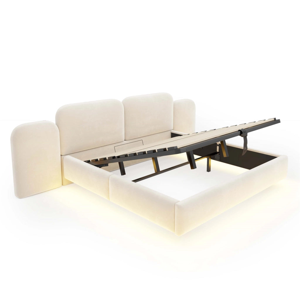 Letto Contenitore 180 x 200 cm, LED RGB Regolabile, USB e Type C, Velluto Beige