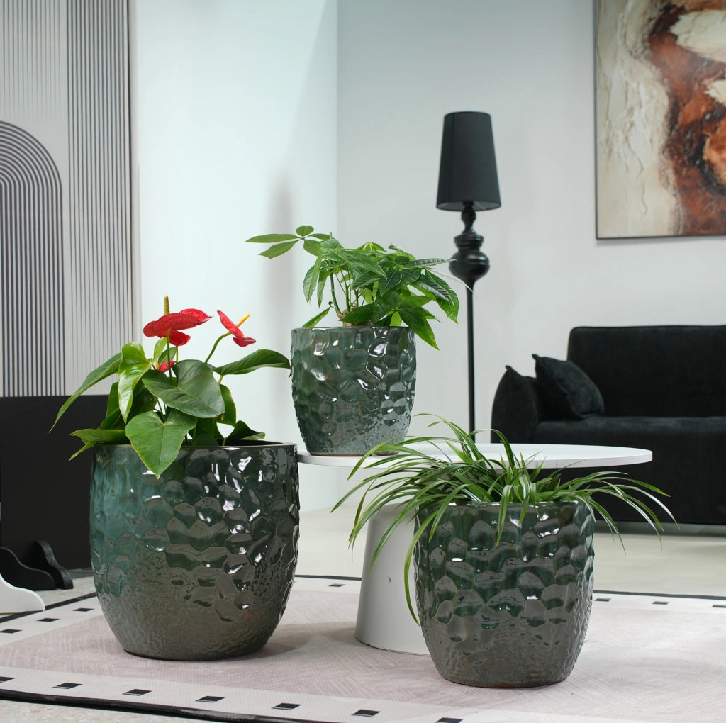 Vaso in ceramica verde scuro Ø 38 cm con rilievo e foro di drenaggio