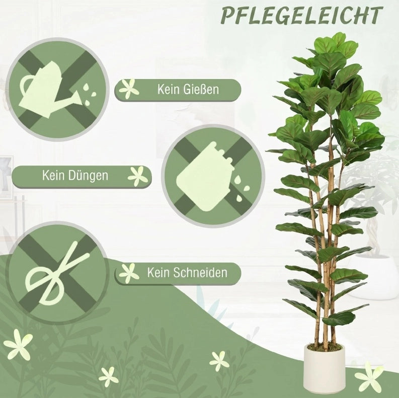 Ficus lyrata artificiale verde con vaso bianco, 180 cm