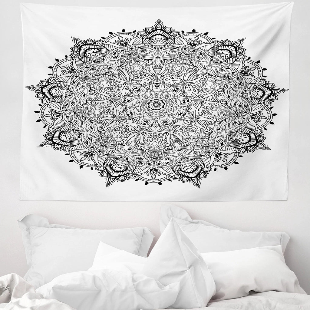 Tappeto da parete a forma di mandala, 150x110 cm, bianco e nero, in tessuto