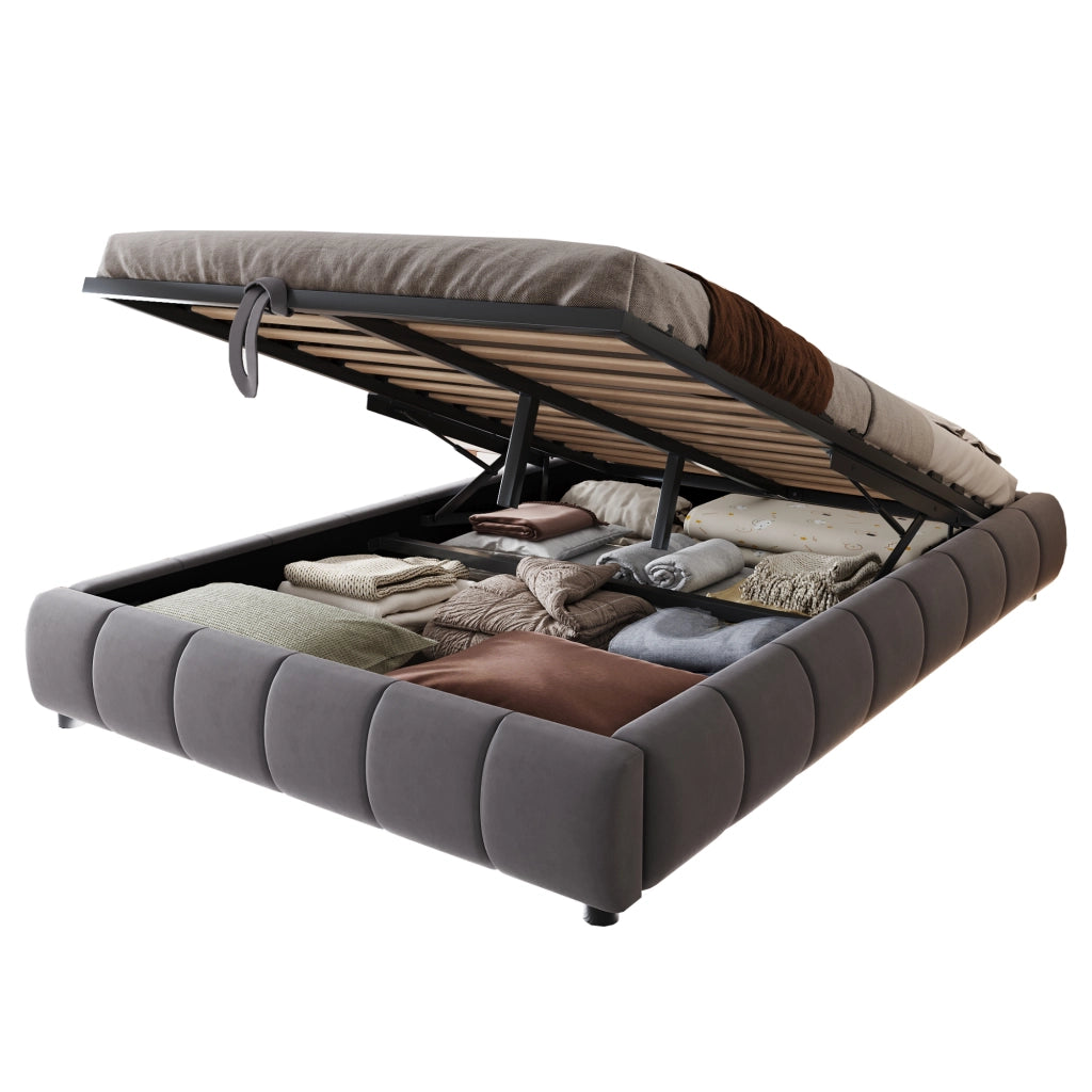 Letto imbottito 140x200 cm con vano contenitore idraulico e LED bianco; velluto grigio; senza testiera
