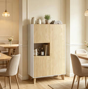 Credenza bianca e rovere chiaro con cinque vani, 80 x 40 x 135 cm