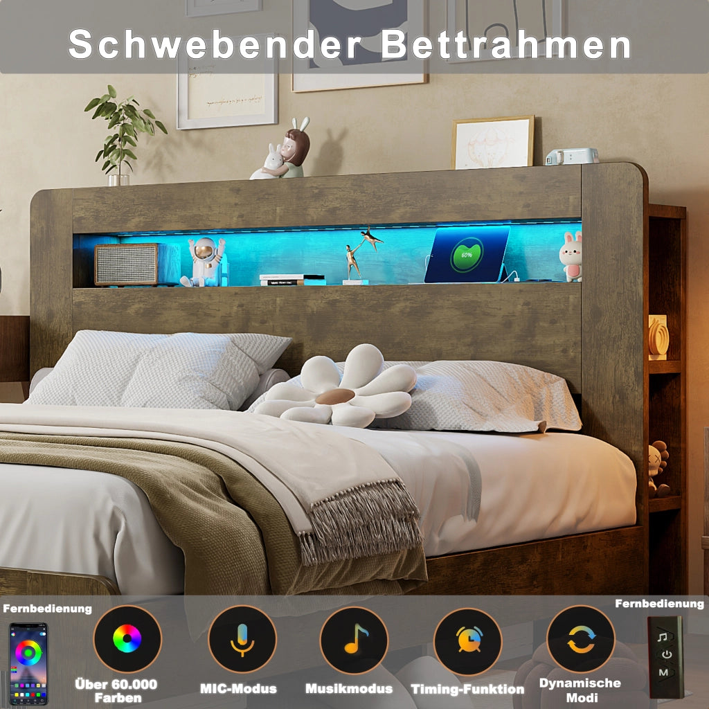 Letto contenitore 140 × 200 cm con sollevamento idraulico testiera con LED prese e vani in legno vintage