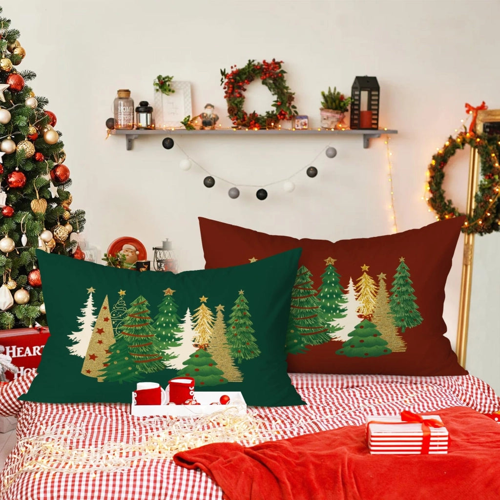Cuscini decorativi natalizi, set da 2, 50x76 cm, poliestere, rosso e verde, con motivi natalizi