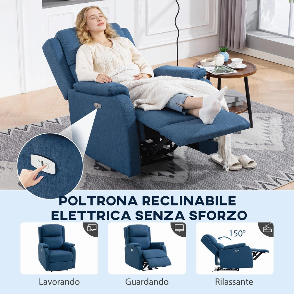 Poltrona Reclinabile Elettrica con Poggiapiedi in Tessuto Effetto Lino, 79x90x106 cm, Grigio Scuro, Imbottita per Soggiorno e Casa