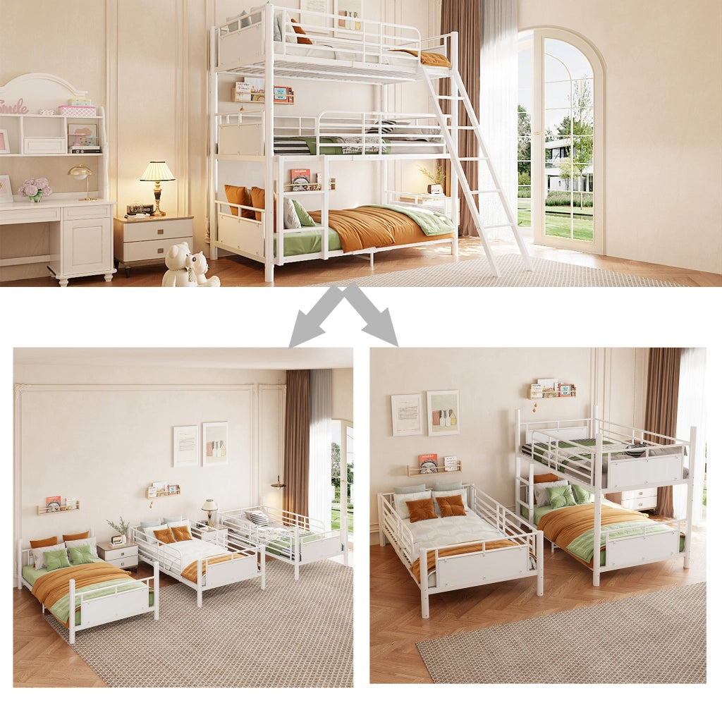 Letto a castello triplo per bambini 90 × 200 cm trasformabile in metallo e legno bianco con due scale