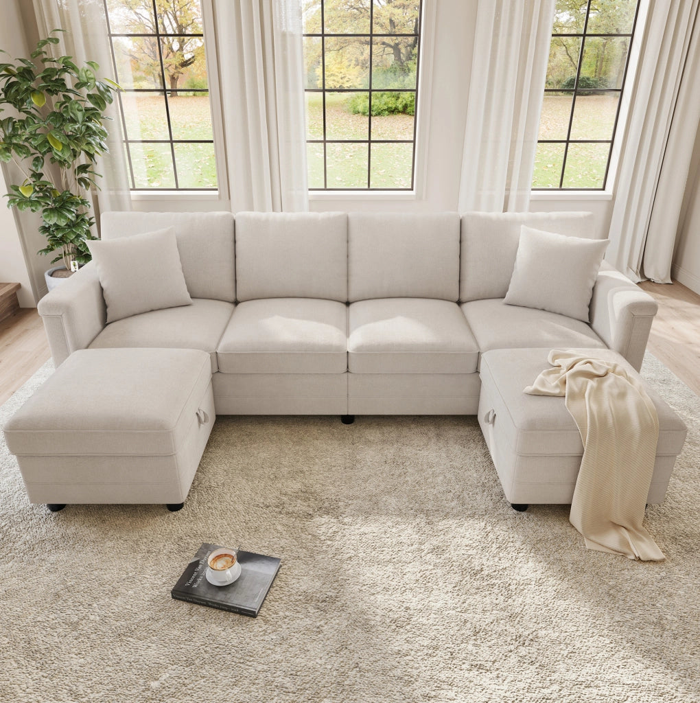 Divano modulare in ciniglia beige 261 × 134 × 82 cm con 2 pouf contenitore