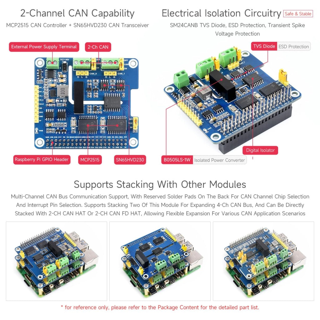 Scheda HAT a 2 canali per CAN-Bus, compatibile con Raspberry Pi, alimentazione da 7 a 36V, con doppio chip