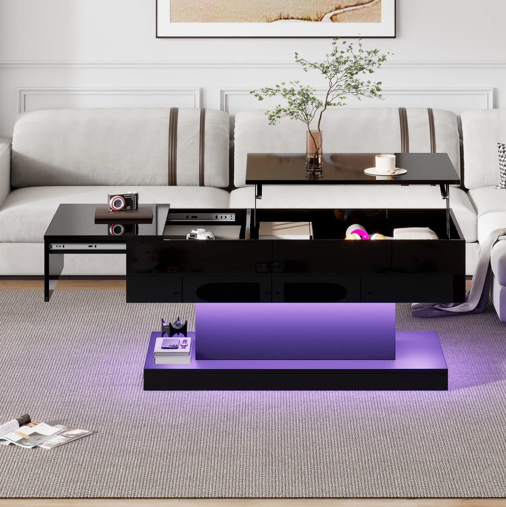 Tavolino elevabile 100x50x45 cm nero con LED e vano contenitore