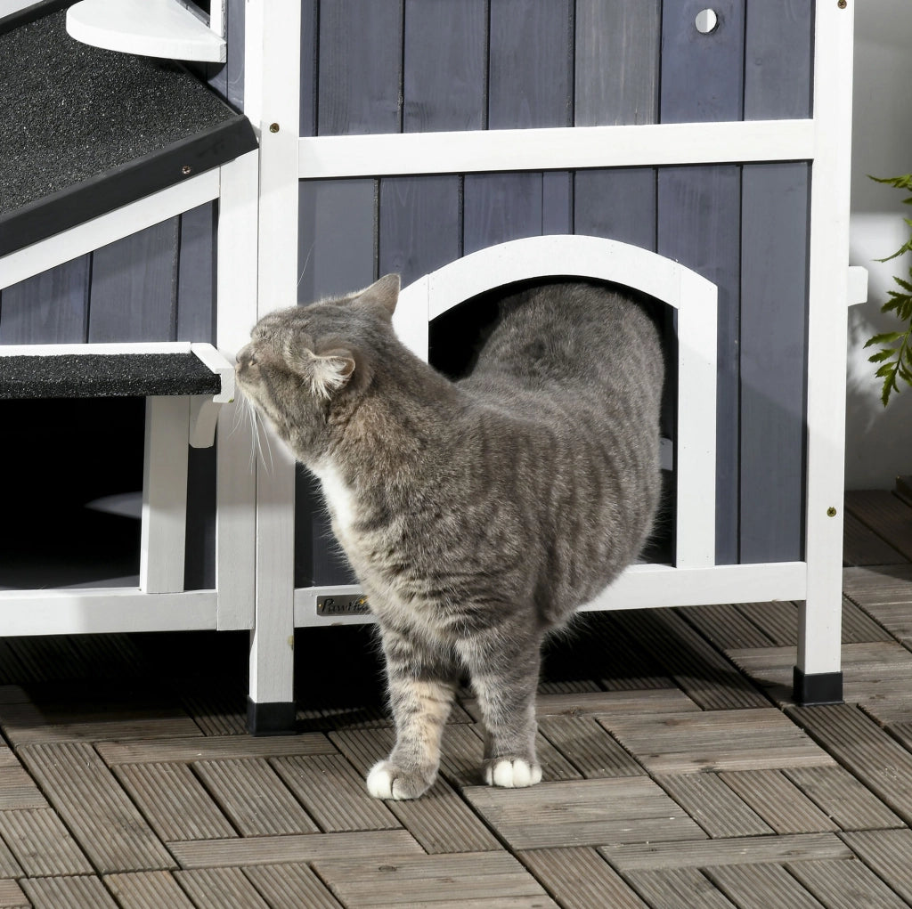 Casetta per gatti 96 x 65 x 85,5 cm in legno grigio, 2 livelli da esterno
