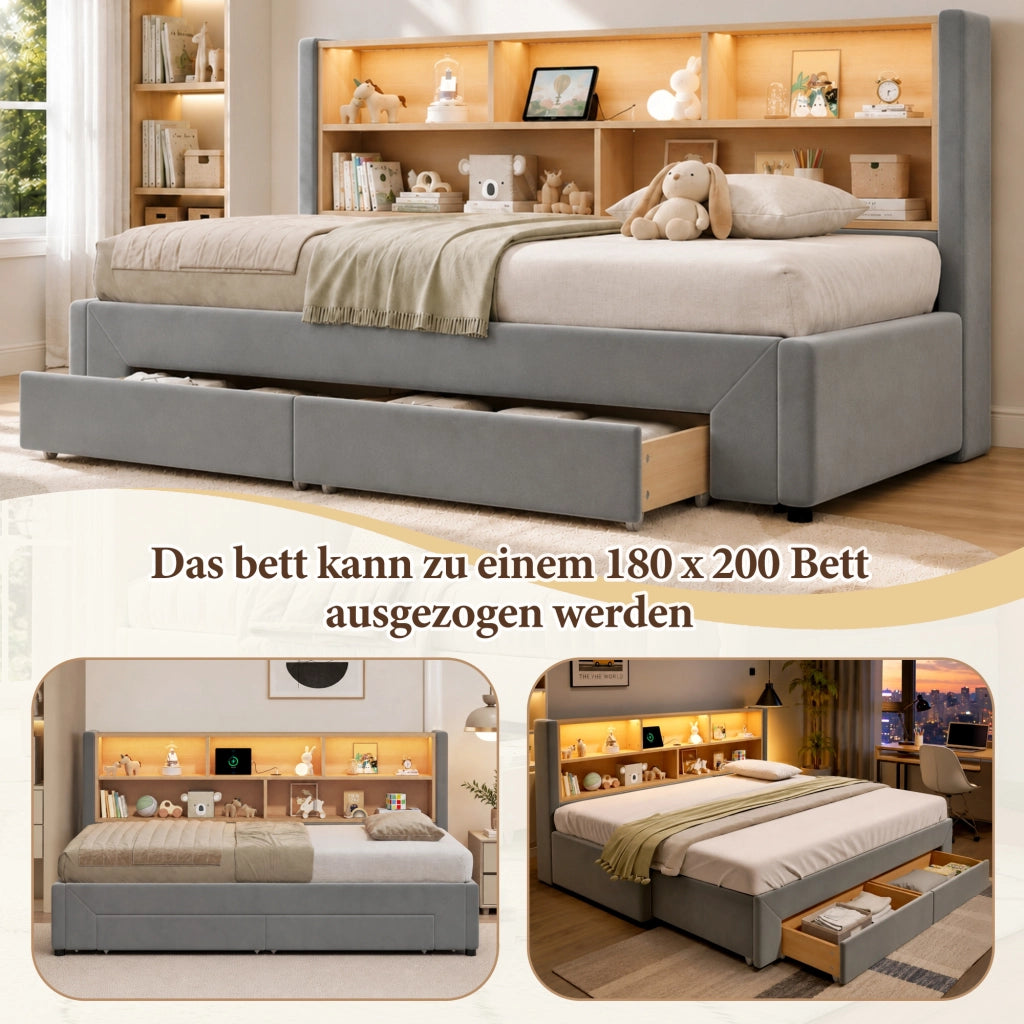 Letto singolo estraibile 90 × 200 cm estensibile a 180 × 200 cm con 2 cassetti USB Type-C LED velluto grigio