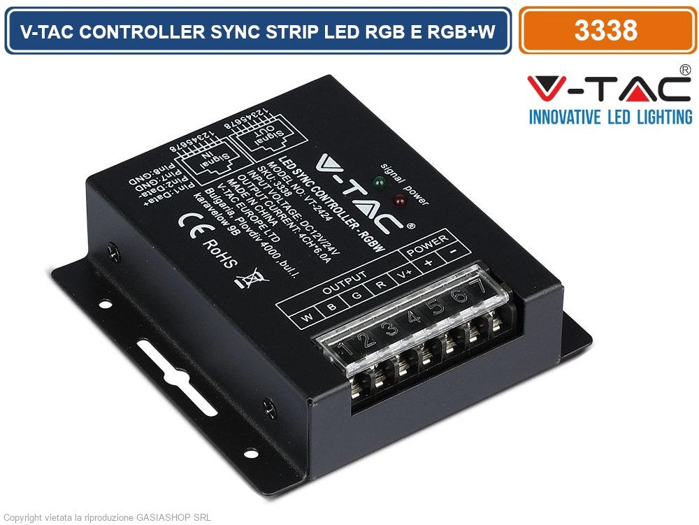 V-TAC VT-2424 CONTROLLER DIMMER SYNC CONNESIONE RJ45 PER STRISCE LED RGB E RGB+W CON TELECOMANDO 4X 6A - SKU 3338
