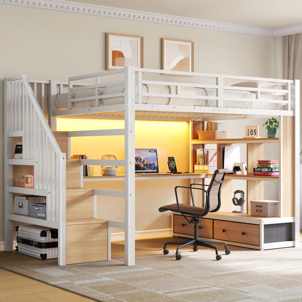Letto a soppalco 140 × 200 cm con scrivania scaffali cassetti scala contenitore LED in MDF e metallo bianco