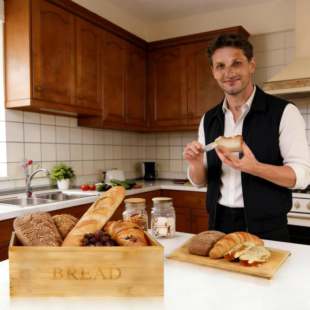 Contenitore per pane in bambù, dimensioni 33x19x13,5 cm, con coperchio che funge anche da tagliere
