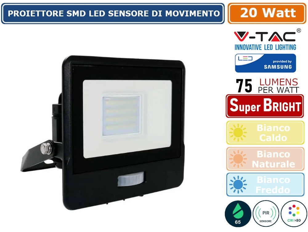 V-TAC VT-128S FARO LED FLOODLIGHT 20W SMD IP65 CHIP SAMSUNG SENSORE MOVIMENTO E CREPUSCOLARE NERO - Colore Luce:Bianco Freddo