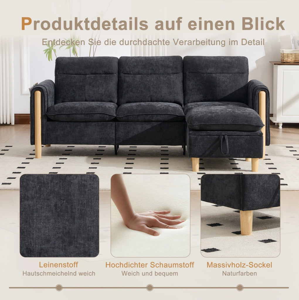 DIVANO 3 posti a L con pouf contenitore 201x77x86 cm in ciniglia nera