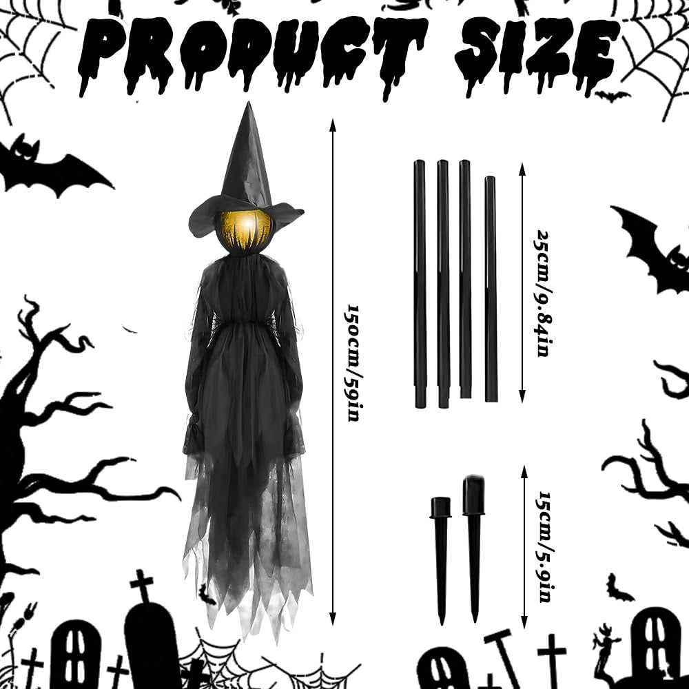 Streghetta di Halloween con sensore audio, altezza 150 cm, impermeabile, confezione singola