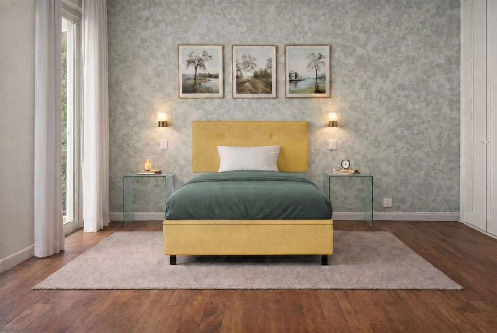 Letto Singolo Contenitore Imbottito 80x200 cm Microfibra Ocra BoxMax Testata Button