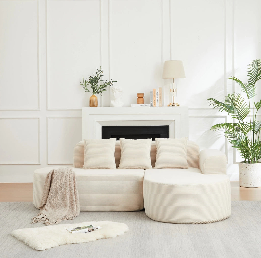 Divano modulare a L in velluto a coste beige con chaise longue
