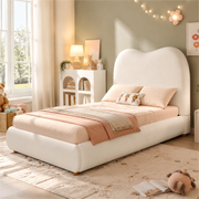 Letto per bambini imbottito in velluto beige con vano contenitore idraulico e rete a doghe inclusa