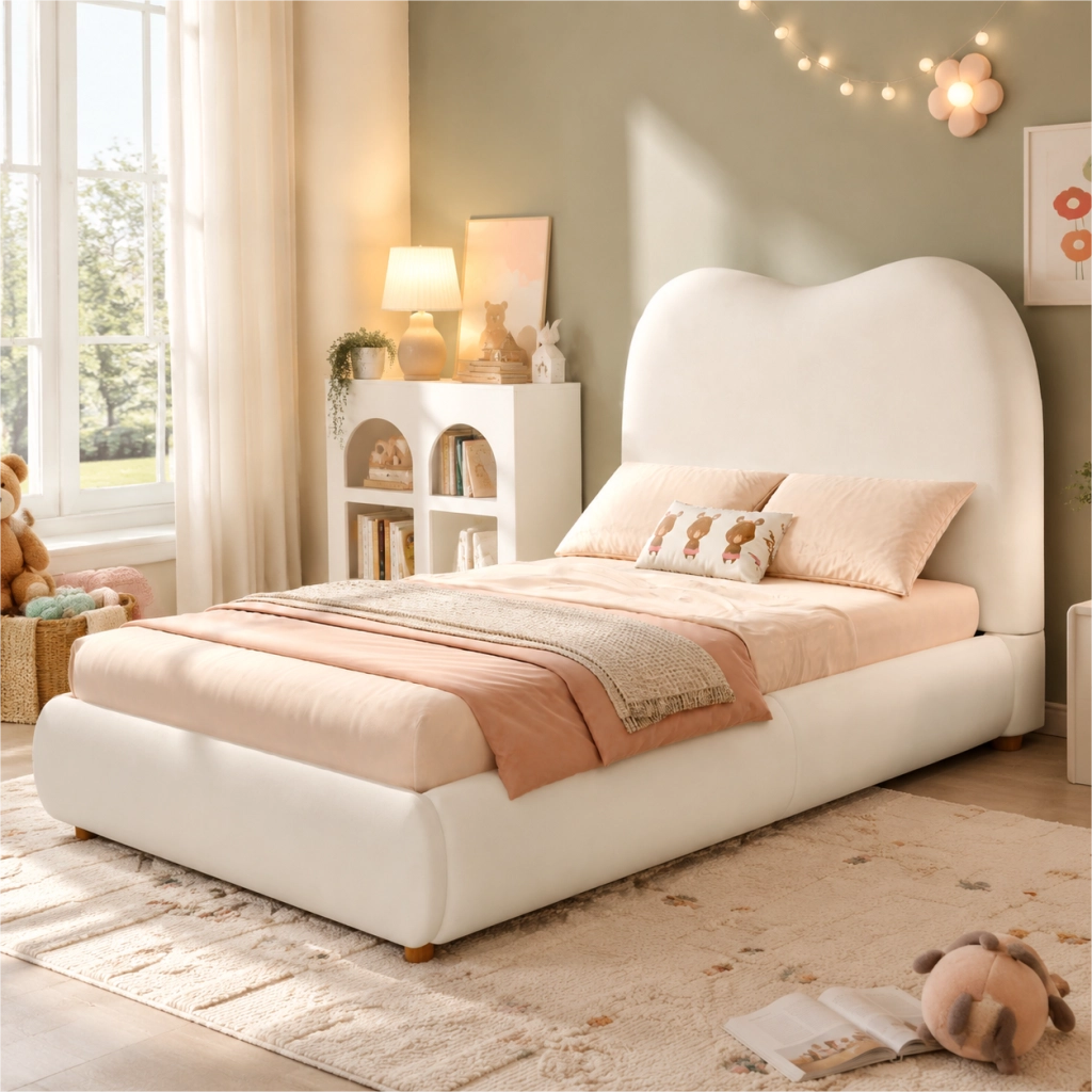 Letto per bambini imbottito in velluto beige con vano contenitore idraulico e rete a doghe inclusa