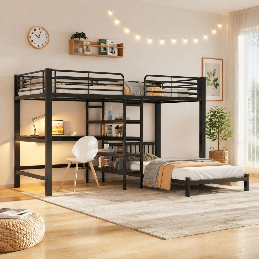 Letto a soppalco a due posti 90 x 200 cm con scrivania a L e ripiani; metallo e MDF nero per cameretta