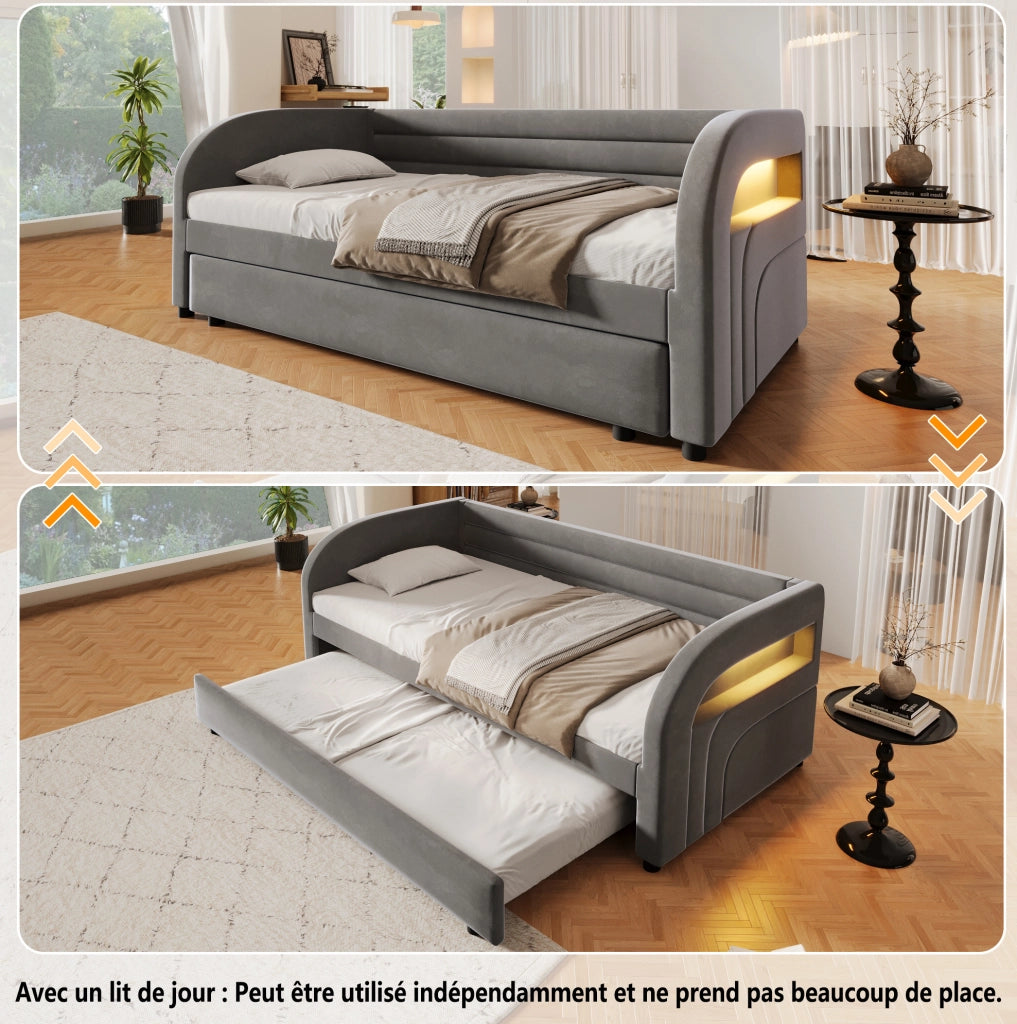 Letto singolo 90x200 cm con letto estraibile e LED; in flanella e MDF; grigio