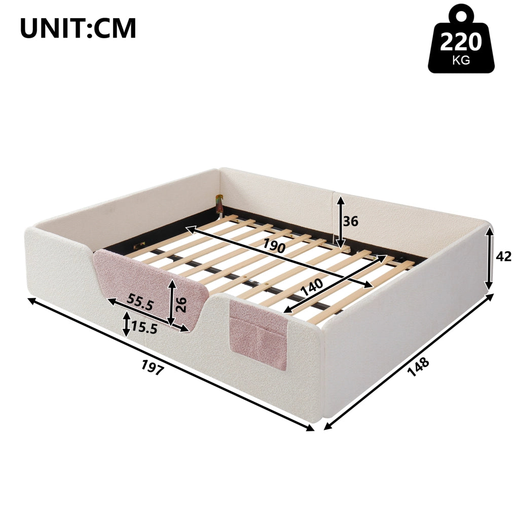 Letto per bambini imbottito 140 × 190 cm in velluto beige con sponde laterali removibili e tasca integrata