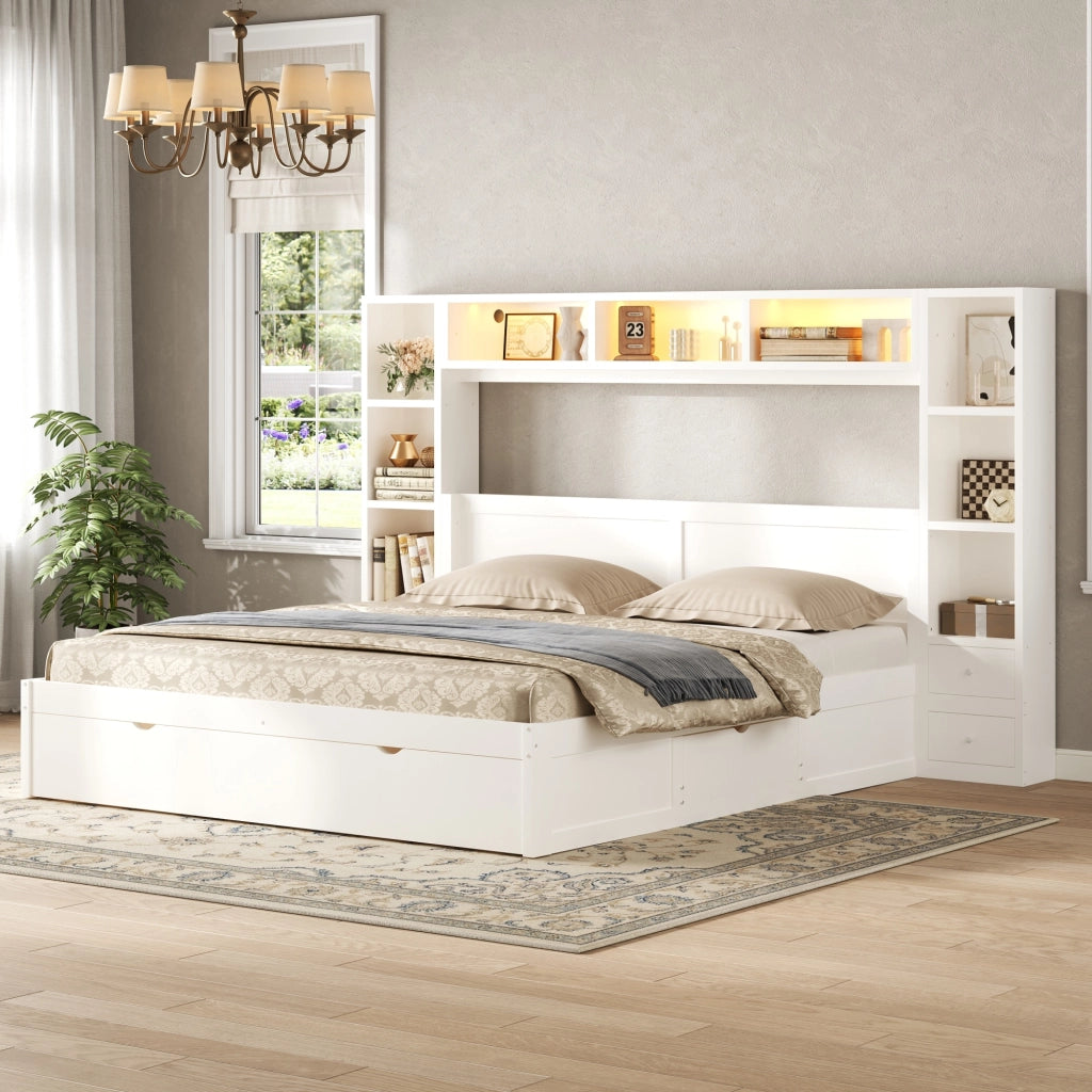 Letto a piattaforma 140 × 200 cm con testiera e pediera in MDF e compensato bianco 7 cassetti e LED