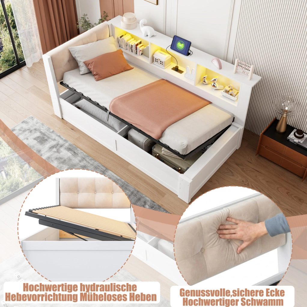 Letto singolo 90x200 cm in pino bianco con contenitore idraulico, LED regolabile, USB e scaffali laterali