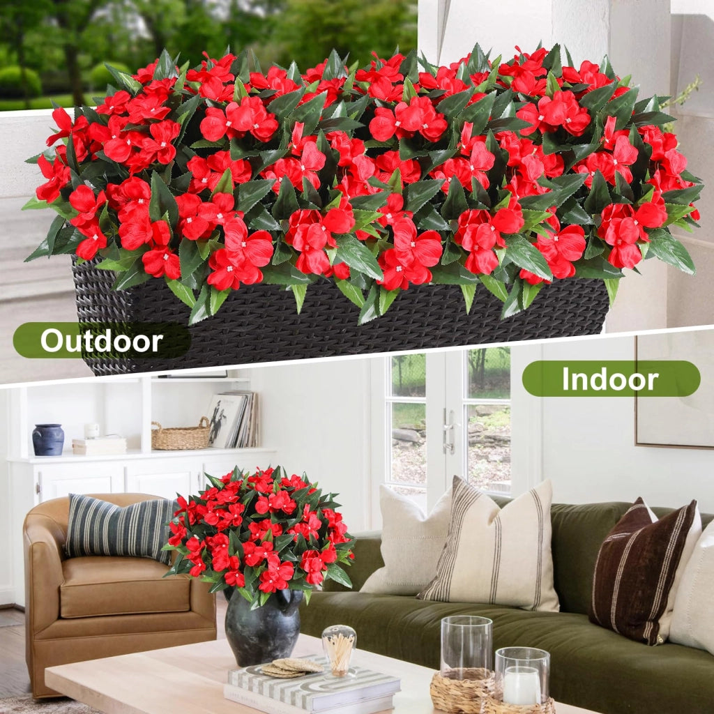 Set di 4 fiori artificiali, resistenti ai raggi UV, in seta, modello geranio e impatiens, colore rosso