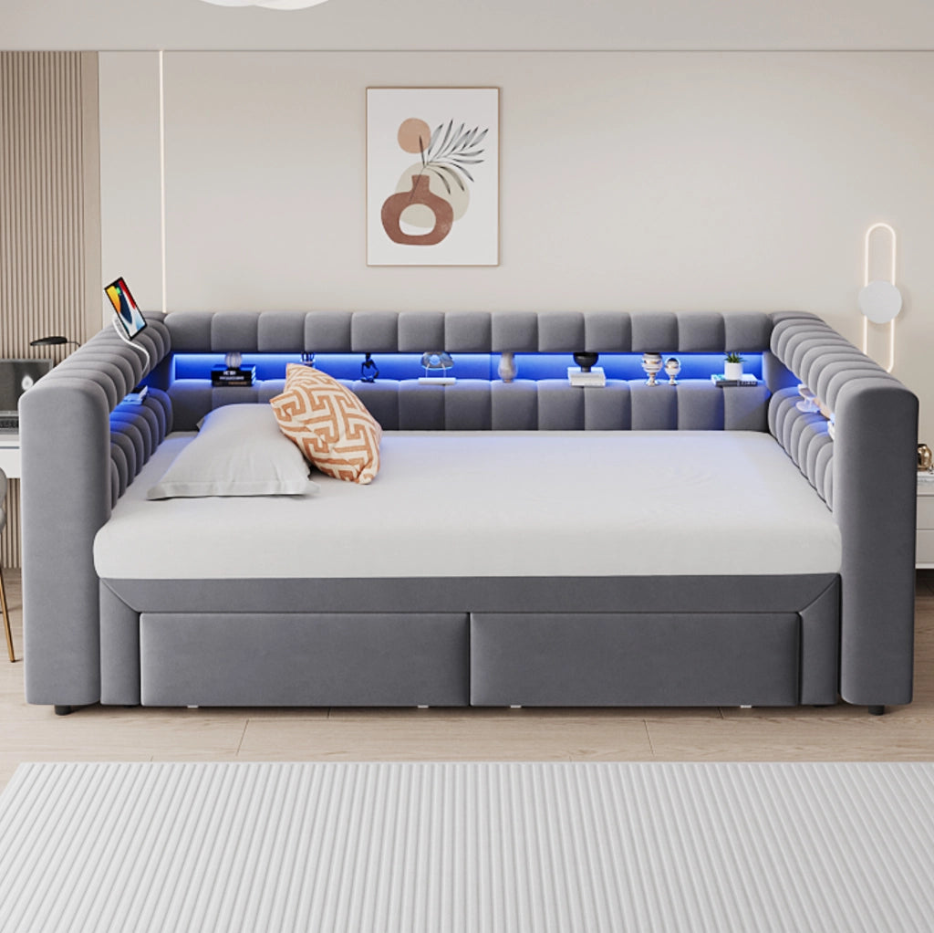 Divano letto estraibile in velluto grigio con cassetti e luci