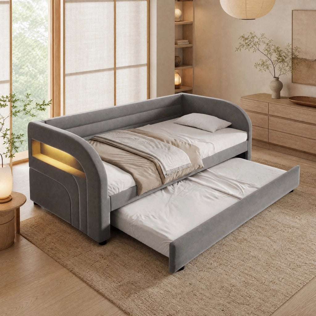 Letto singolo 90x200 cm con letto estraibile e LED; in flanella e MDF; grigio
