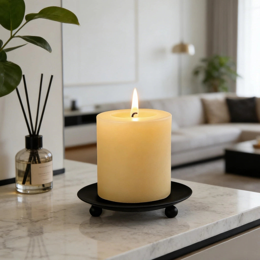 Set di 4 sottobicchieri per candele, neri, diametro 6,8 cm, in ferro