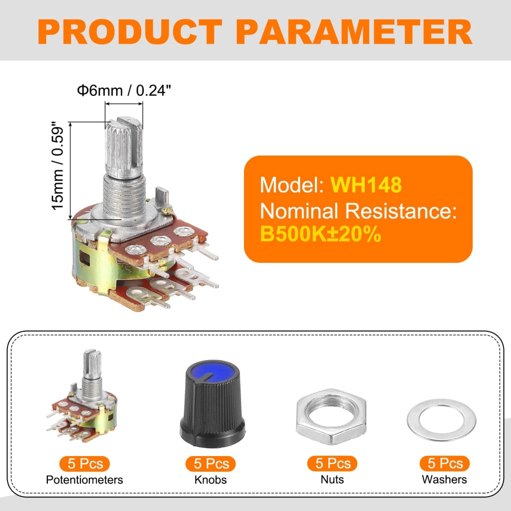 5 x Potenziometro doppio WH148, 500k Ohm, lineare, con albero rotante, 6 pin