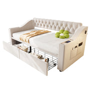 Divano letto 214,5x96x78,5 cm con contenitore, cassetti e USB in velluto beige per piccoli spazi, moderno