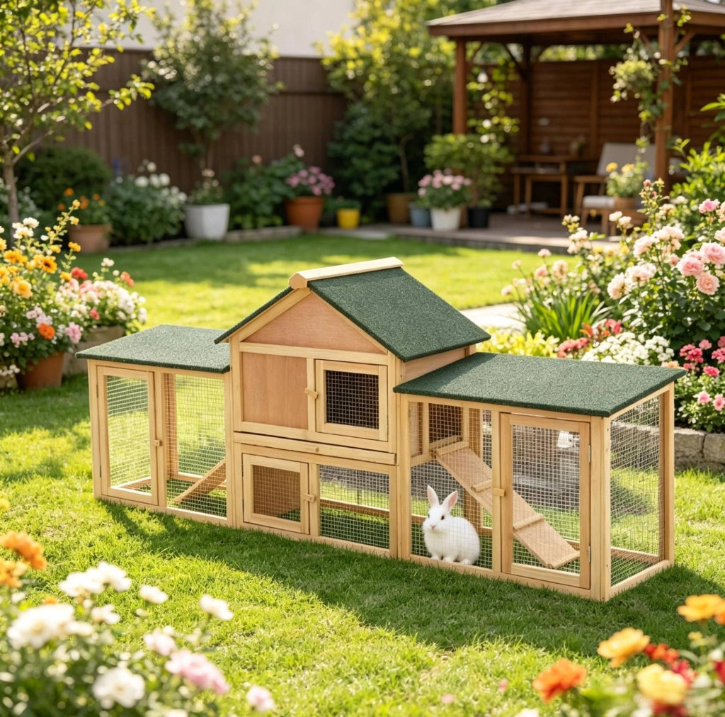 Conigliera da esterno per conigli 210 x 45,5 x 84,5 cm in legno verde, con rampa