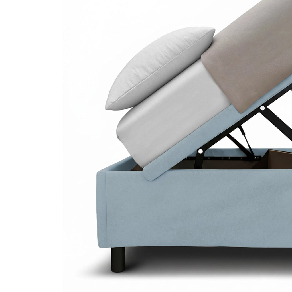 Letto Singolo Contenitore Imbottito 80x190 cm Microfibra Azzurro BoxMax Testata Square