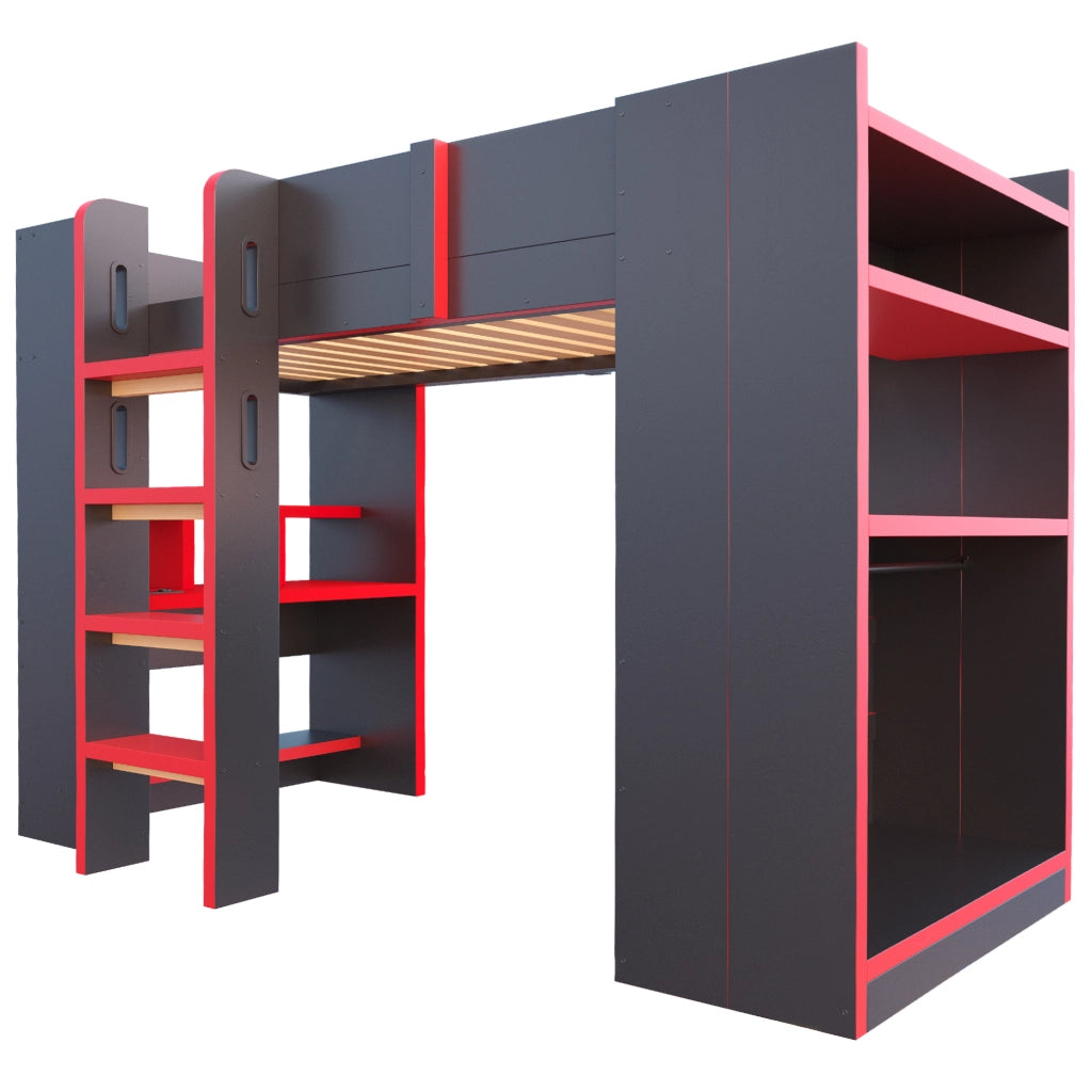 Letto a soppalco 90x200 cm con scrivania, LED e prese in pino, compensato e MDF nero e rosso