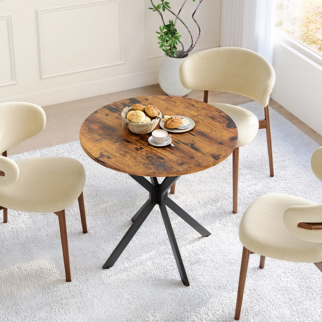 Tavolo da pranzo rotondo 80 × 80 × 75 cm per 2 persone in truciolare marrone e ferro nero con piedi regolabili