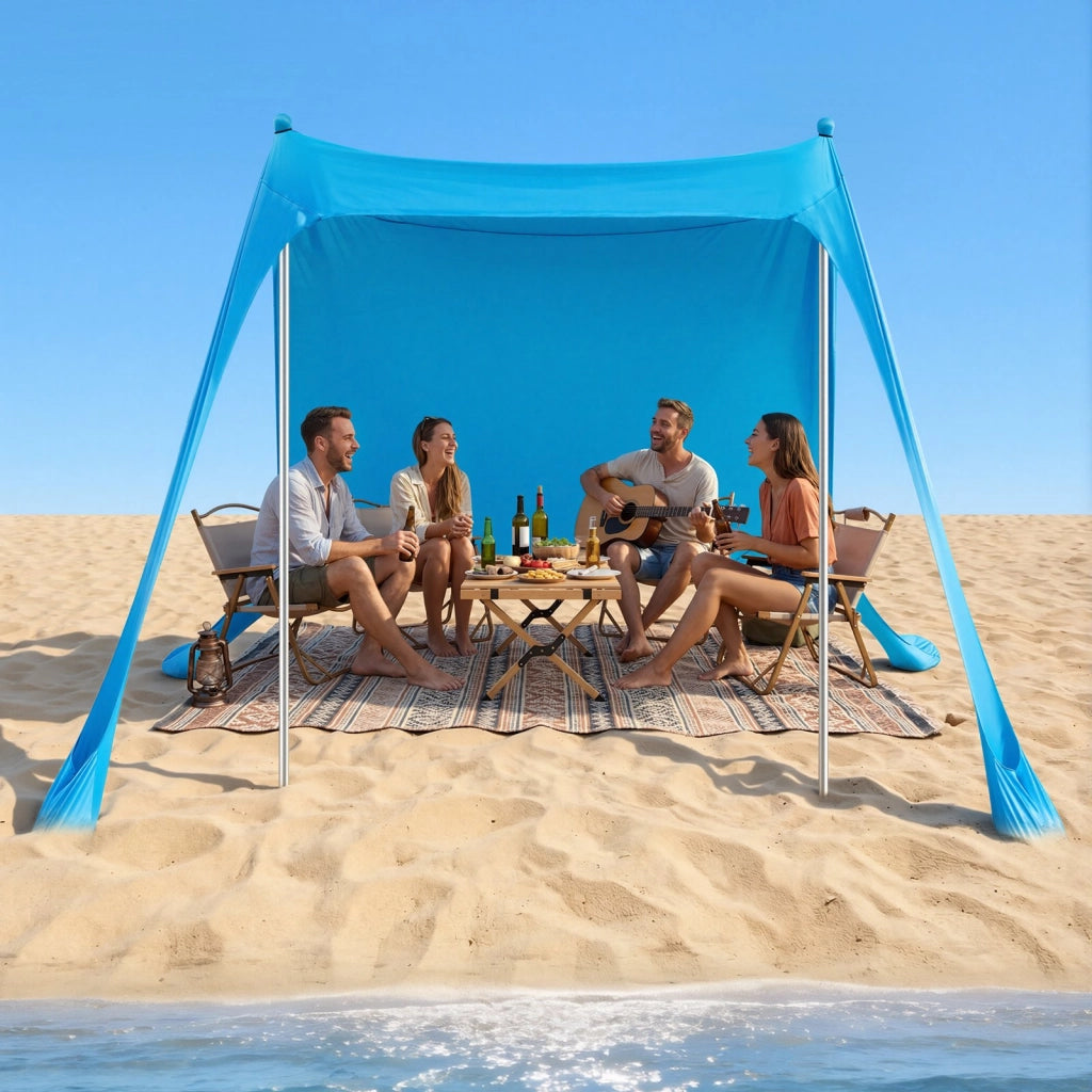 Tenda Parasole da Spiaggia Portatile TM002 2,3 x 2,3 x 2 m Protezione UPF50+ con Pali di Supporto per Campeggio e Giardino Blu