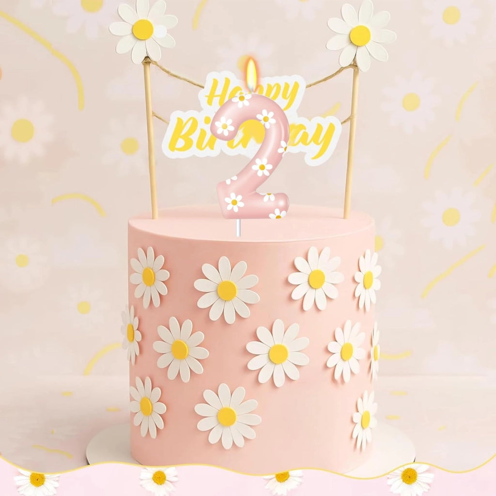 Candeline per torta a forma di margherite, numero 2, rosa, 8,5 cm, in paraffina